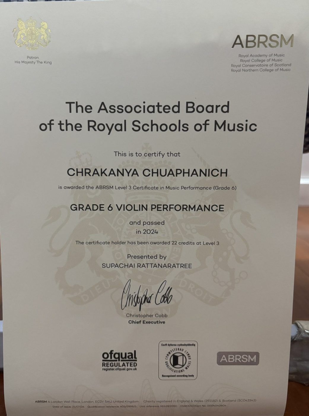 ABRSM Grade 6 Violin certificate