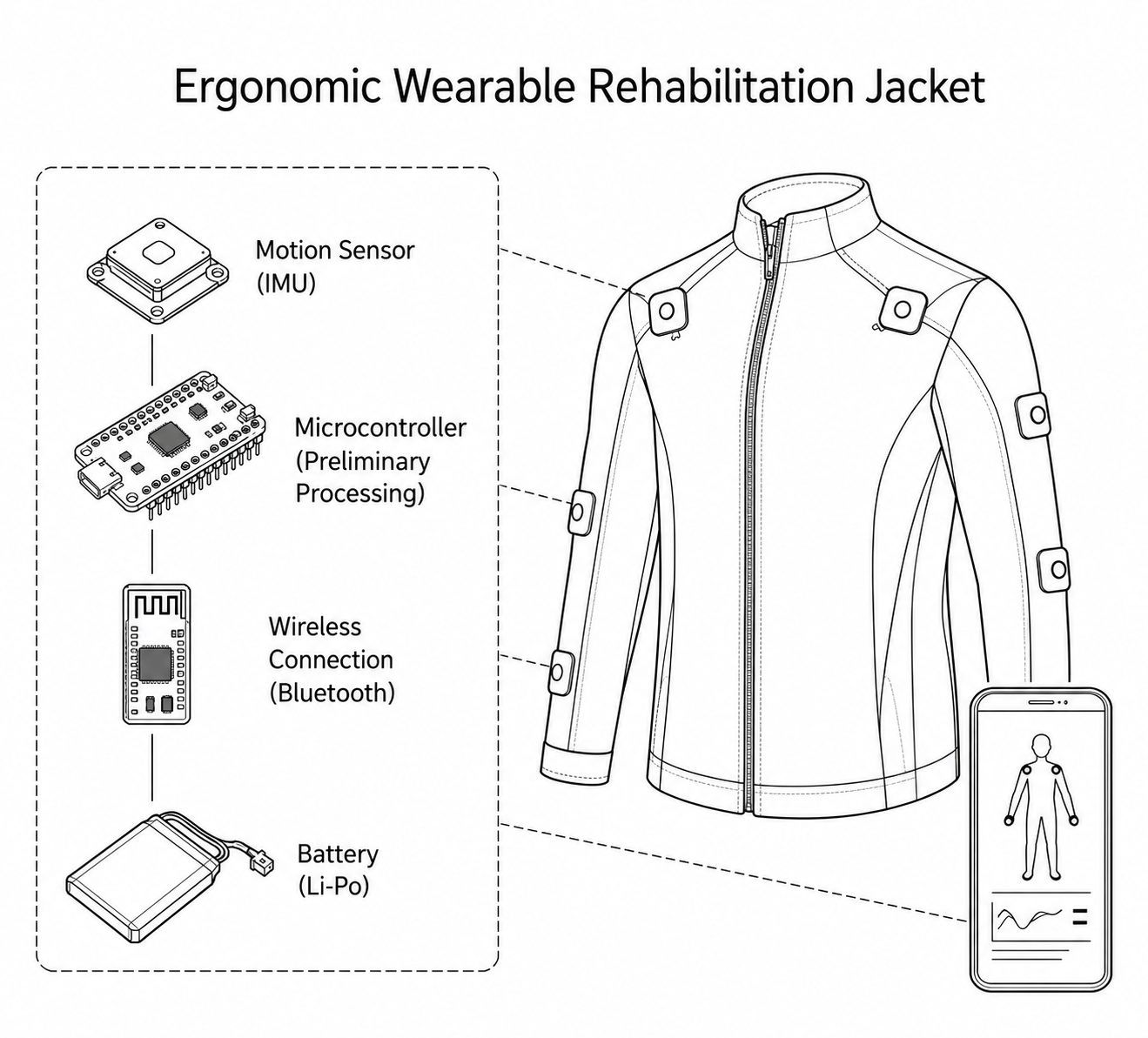 Diagram of the Ergonomic Wearable Rehabilitation Jacket: motion sensor, microcontroller, Bluetooth and battery